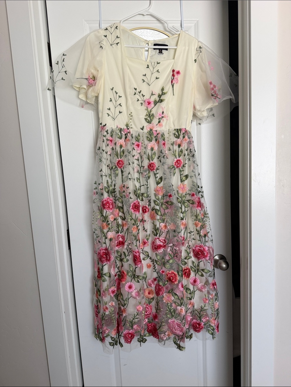 Baltic Born Cream Midi Dress with Pink Floral Embroidery